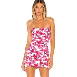 For Love & Lemons Revolve Pink Floral Cerise Aruba Ruched Mini Strapless Dress M